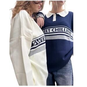 Sweet Chilling Preppy Oversized Long Sleeve Knit Sweater Polo Women size small
